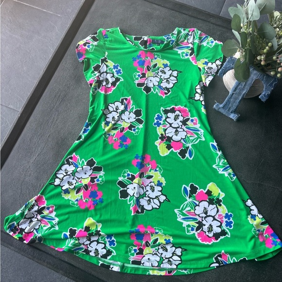 Kaari Blue Green Floral A-Line Dress | Size L | Bold & Bright Print - Picture 2 of 3